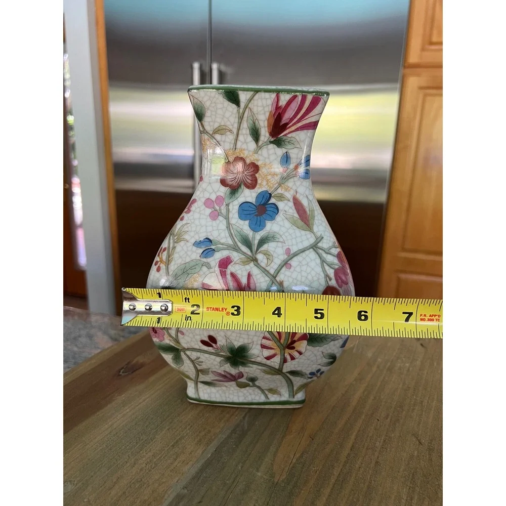Vintage Chinoiserie Crackle Glaze Floral Ceramic Vase Gold Accents 8.75